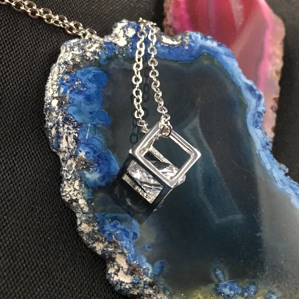 Sterling Silver Cube & AAA+ Cubic Zirconia Pendant